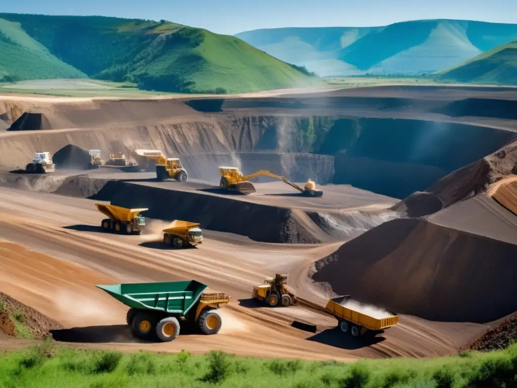 Impacto ambiental de la minería sostenible: mina a cielo abierto rodeada de maquinaria y trabajadores en un entorno montañoso y natural