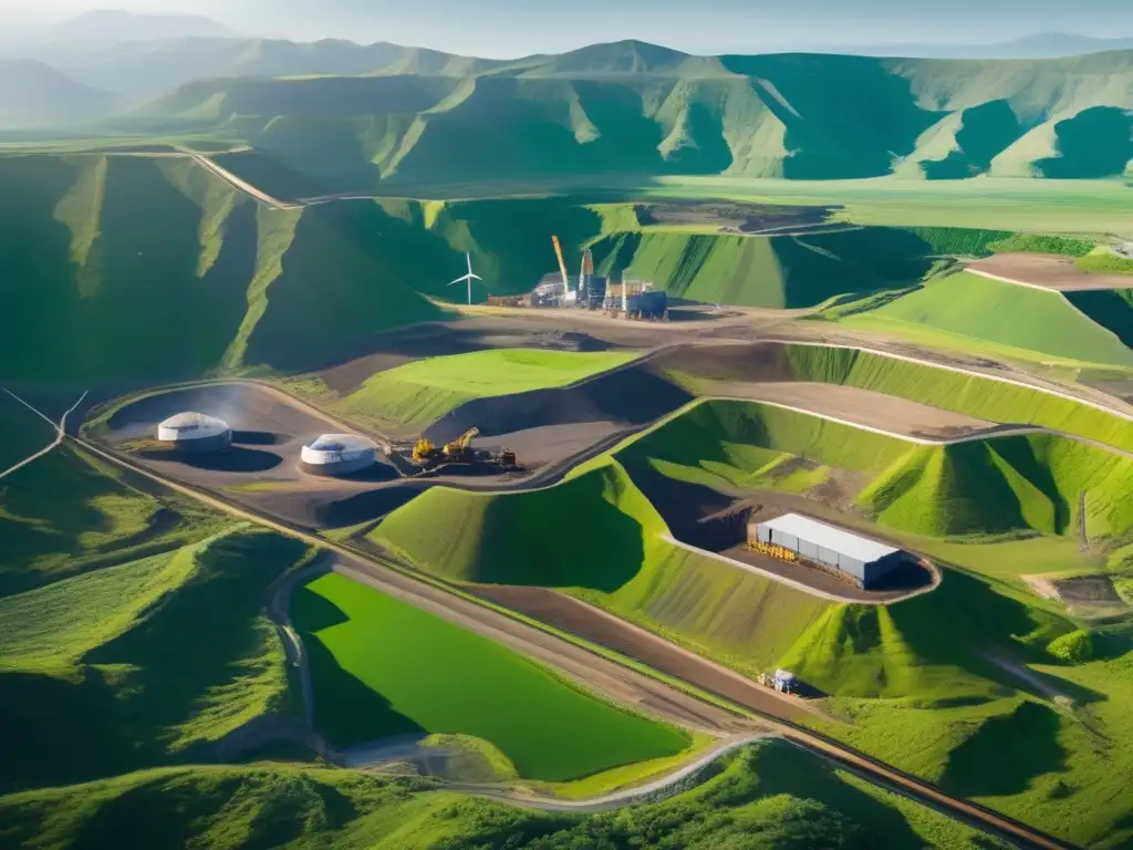 Vista aérea de paisaje verde rodeado de montañas con mina a cielo abierto y regulaciones ambientales en minería sostenible