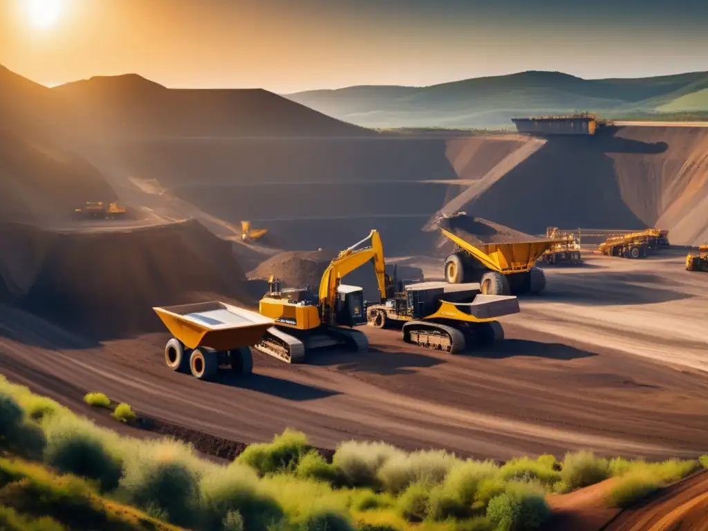 Gestión financiera sostenible en minería: Vista panorámica de una mina moderna en un paisaje montañoso con maquinaria minera y entorno natural