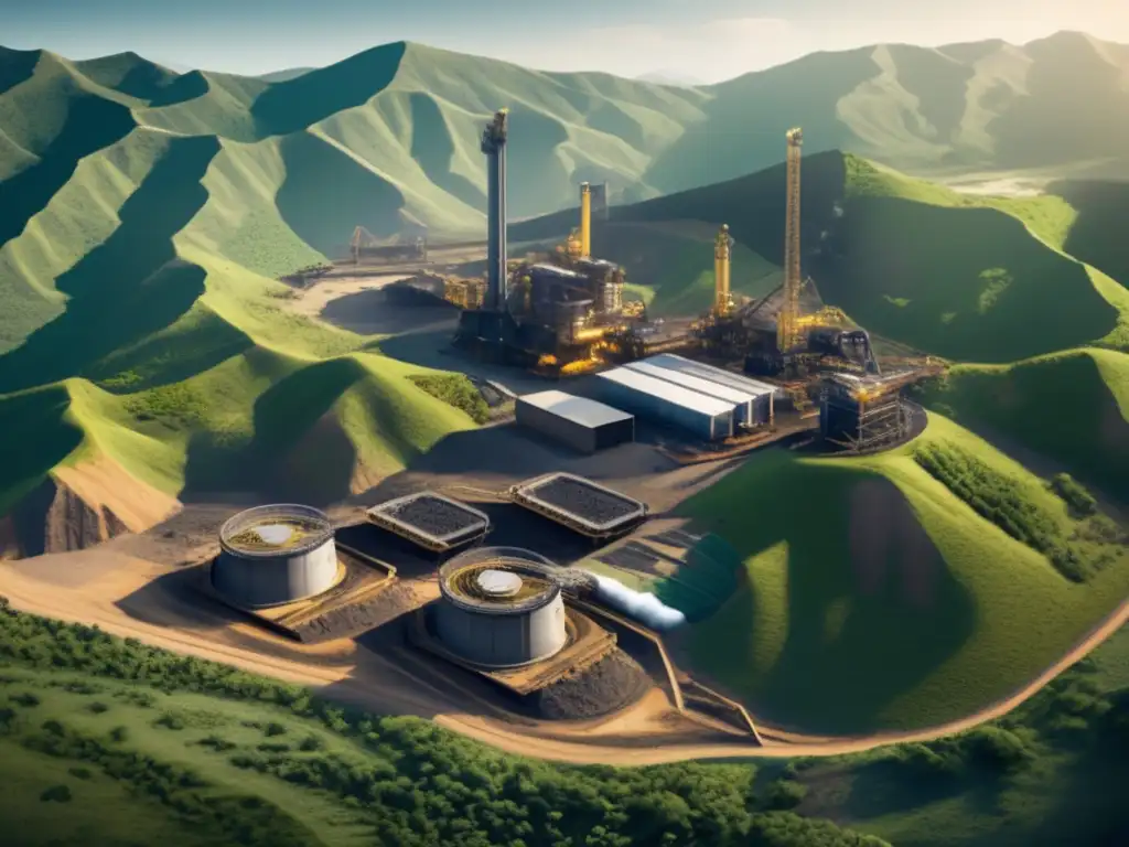 Minera sostenible en paisaje impresionante Tecnología moderna para conservación ambiental minera: vista aérea impresionante de un paisaje vasto y accidentado con una mina rodeada de montañas y vegetación exuberante
