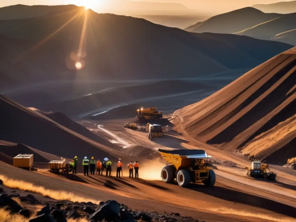 Innovaciones tecnológicas en detección de minerales en mina de montaña con mineros trabajando y entorno ecológico