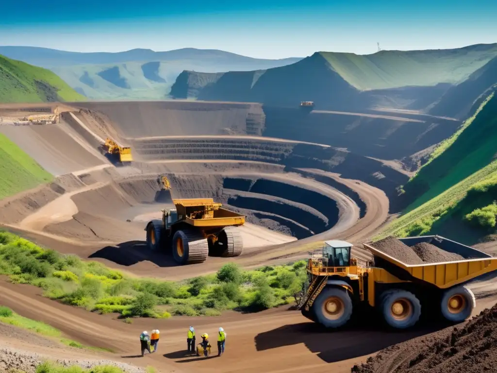 Iniciativas prometedoras minería sostenible en una mina a cielo abierto rodeada de montañas verdes, con trabajadores y maquinaria