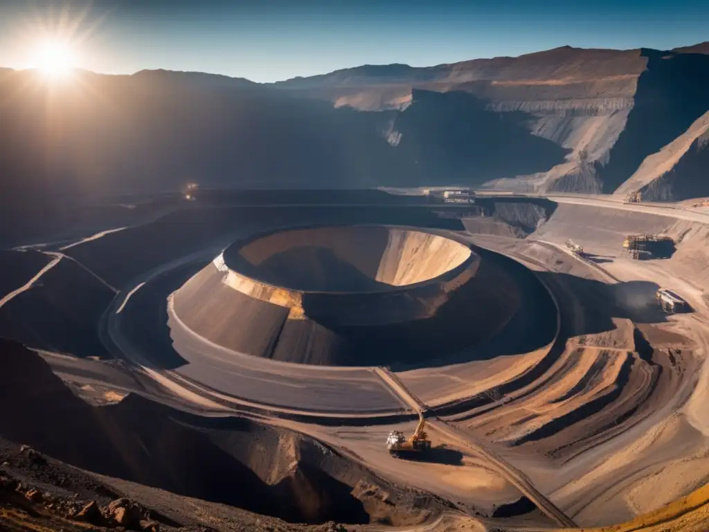 Gestión financiera sostenible en minería: Vista panorámica de mina en montañas, maquinaria, trabajadores y paisaje