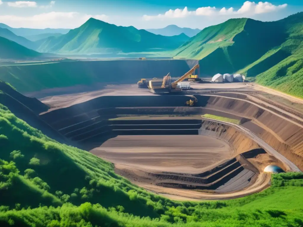 Impacto ambiental de la minería sostenible en una imagen detallada: Mina rodeada de montañas y vegetación, maquinaria pesada y trabajadores