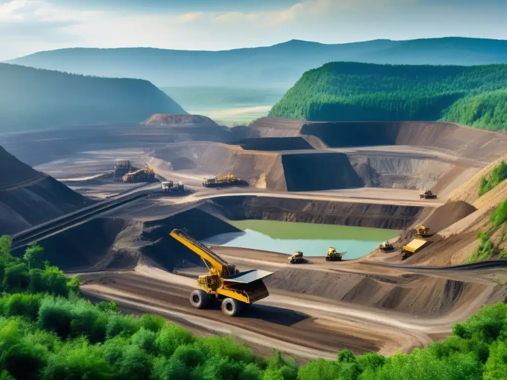 Impacto ambiental de la minería sostenible en un paisaje industrial rodeado de naturaleza