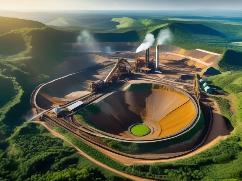 Técnicas sostenibles en minería: impresionante vista aérea de una mina en un paisaje pintoresco, equilibrando naturaleza e industria