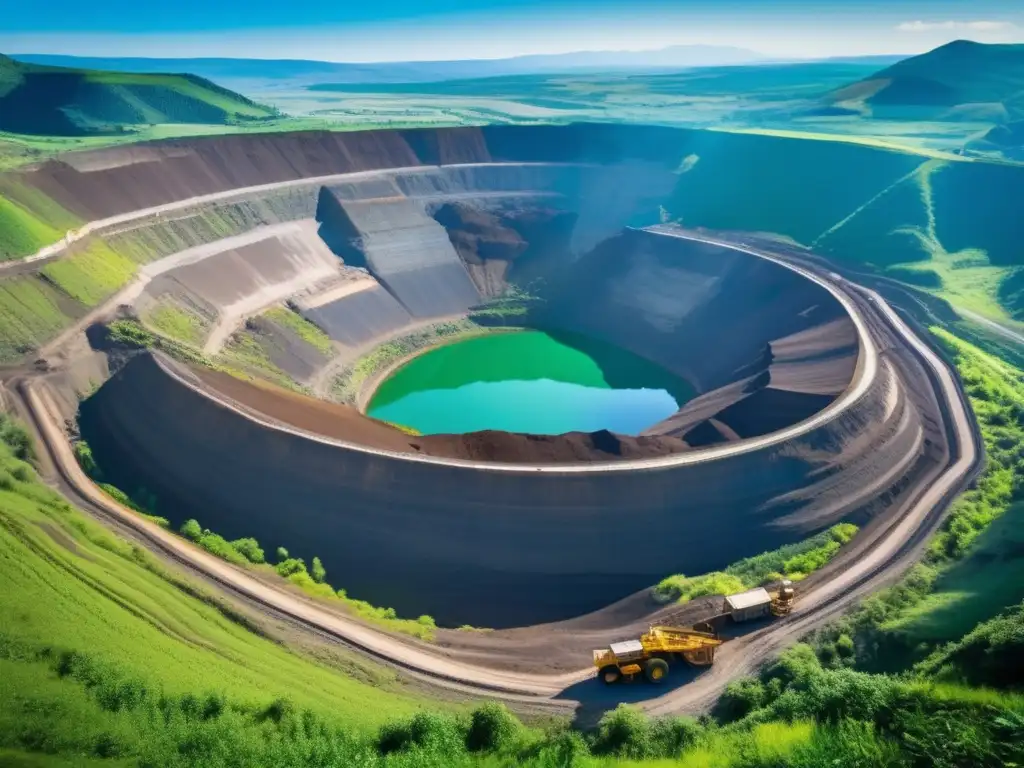 Minería sostenible y ética en majestuosa operación minera rodeada de naturaleza