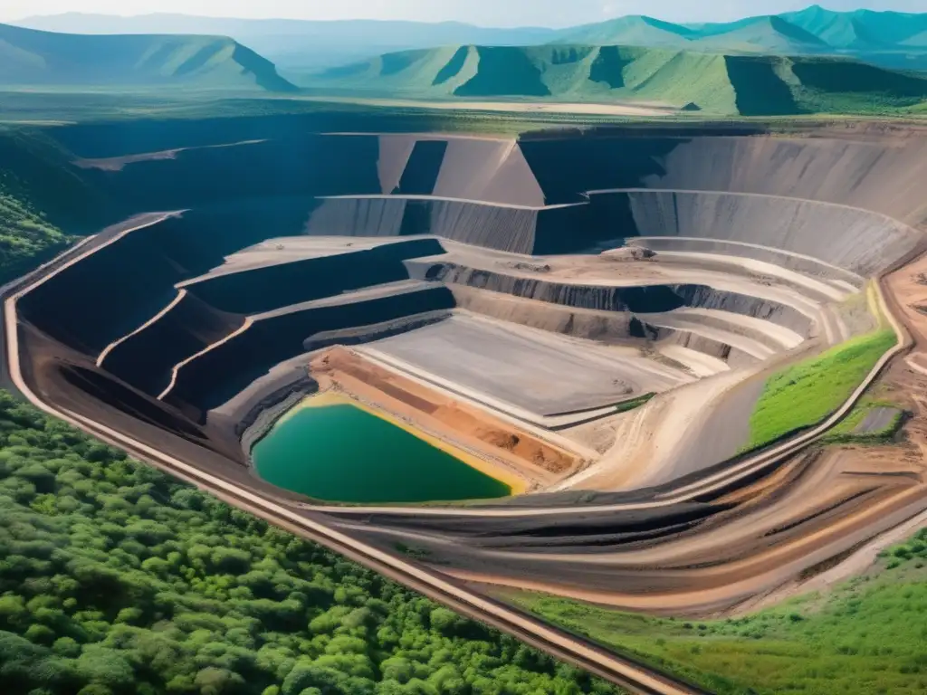 Importancia de la participación comunitaria en minería: imagen de mina a cielo abierto rodeada de naturaleza y maquinaria industrial