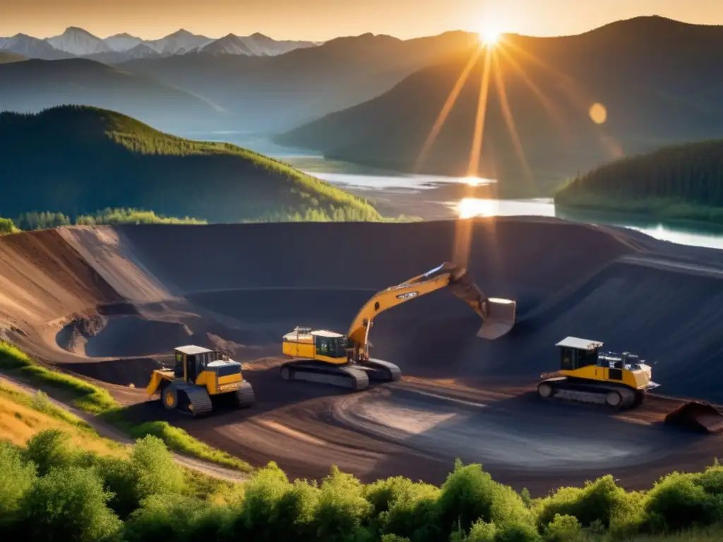 Impacto ambiental de la minería sostenible en una imagen impresionante de una mina a cielo abierto rodeada de exuberantes bosques y montañas nevadas