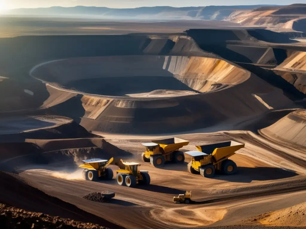 Mineria sostenible y cambio climatico: paisaje minero con maquinaria gigante y naturaleza exuberante