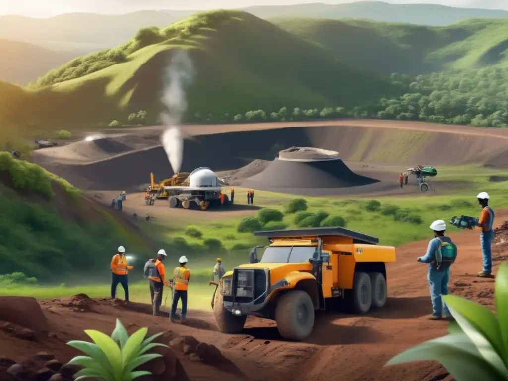 Equipo de exploración moderno en una mina Herramientas de exploración sostenibles en minería: detallada imagen de una mina rodeada de exuberante vegetación y paisajes naturales