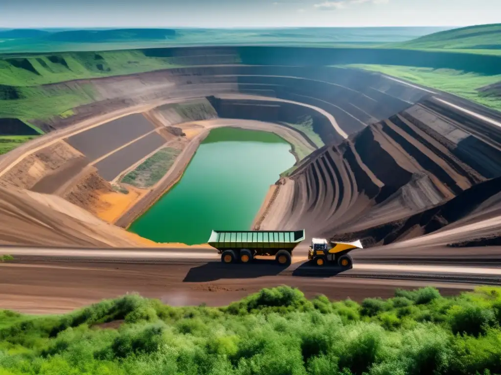 Impacto político en la minería: paisaje minero con camiones, vegetación y desafíos ambientales