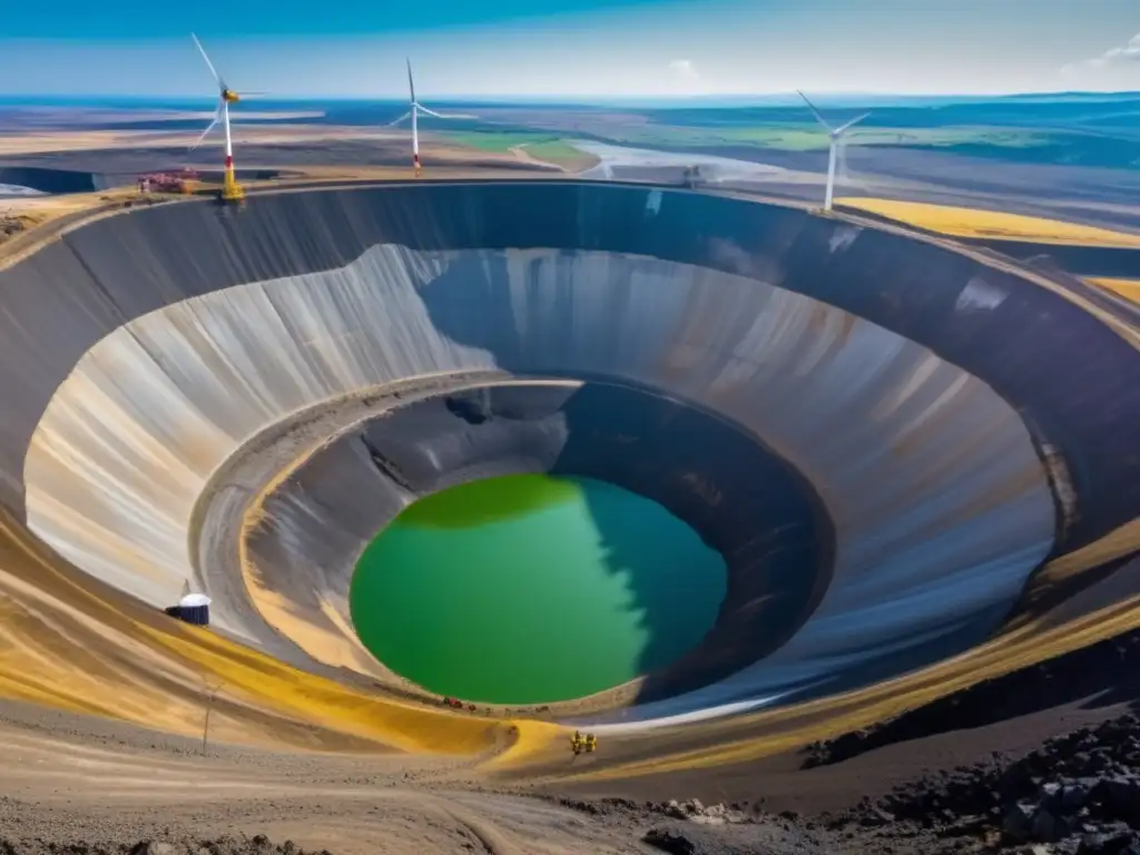 Rentabilidad y riesgo en minería sostenible: imagen de mineros trabajando en mina a cielo abierto con energía renovable y paisaje pintoresco