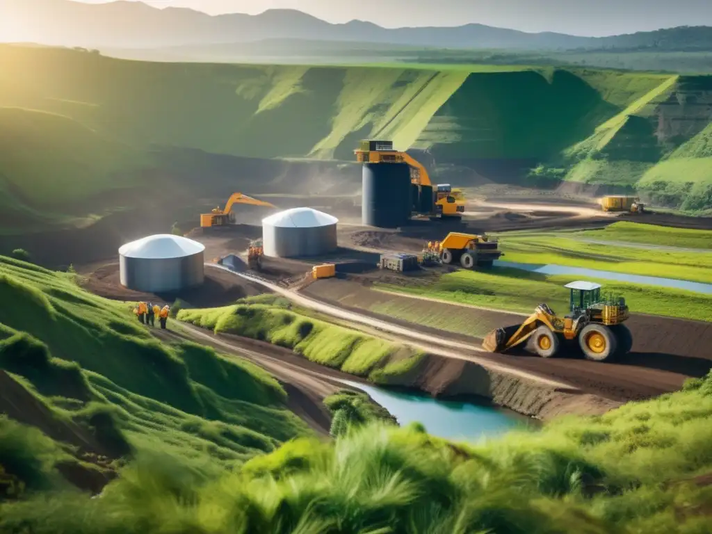 Minería sostenible en paisaje verde Beneficios de la minería sostenible en un paisaje verde con trabajadores y tecnología de vanguardia