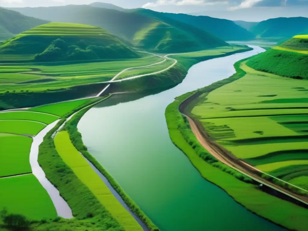 Paisaje verde con río, equipos mineros ecológicos, técnicas de exploración minera sostenible