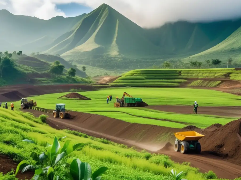 Un paisaje verde con montaña y una mina sostenible, trabajadores responsables y equipo ecológico