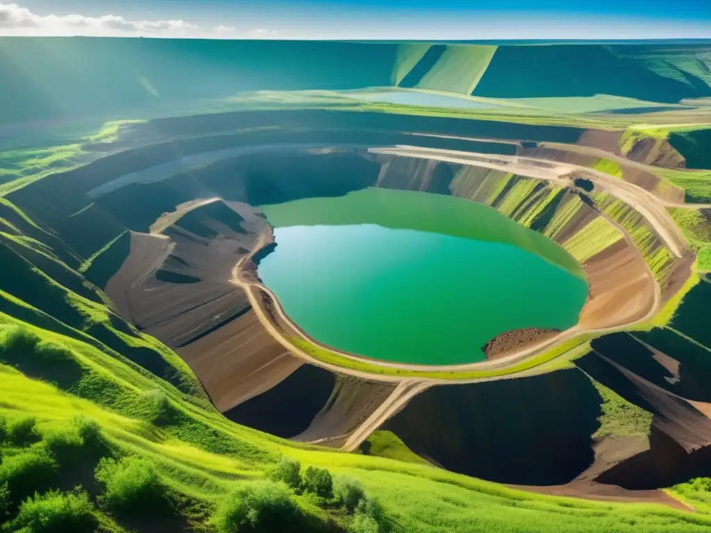 Gestión sostenible en minería y recursos naturales: Vista panorámica de paisaje verde con mina a cielo abierto y maquinaria extractiva