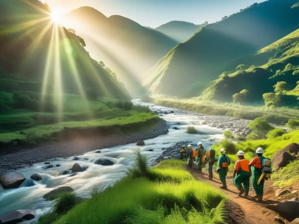 Ética en minería sostenible: paisaje verde con río, montañas, mineros responsables y tecnología avanzada