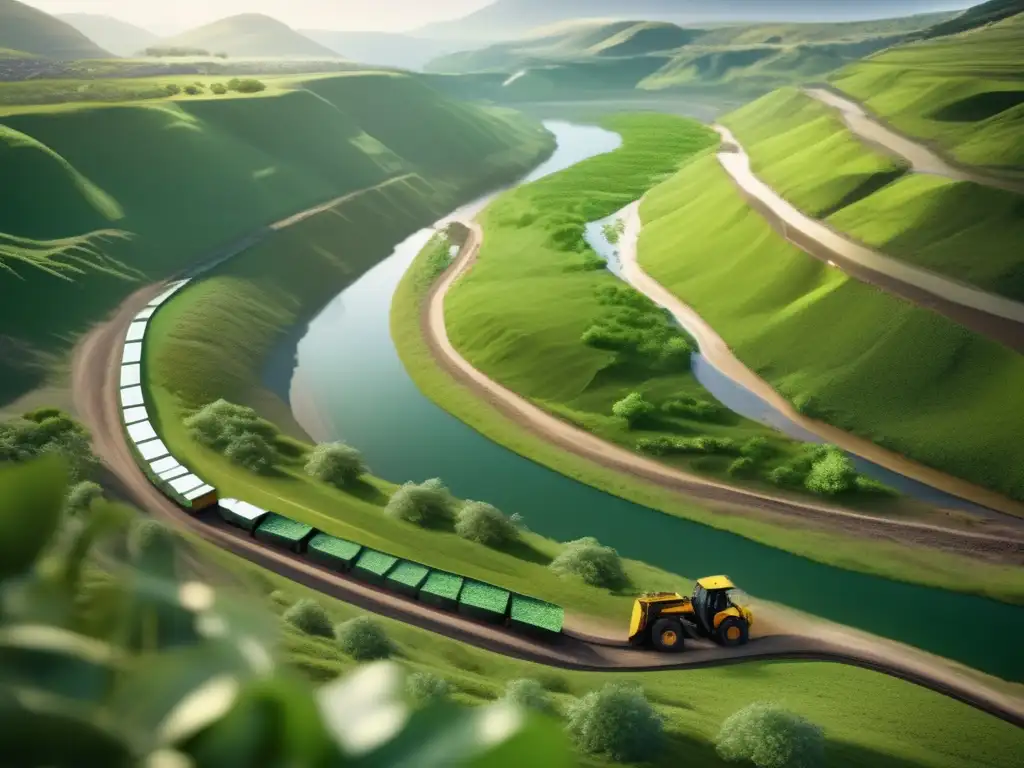 Paisaje verde con mineros éticos en operación de minería sostenible