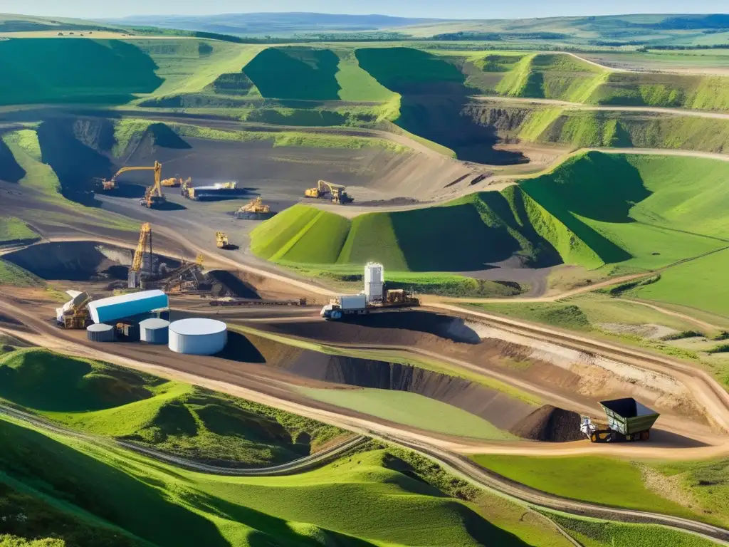 Paisaje verde con mina abierta y maquinaria, ejemplifica beneficios de la minería sostenible