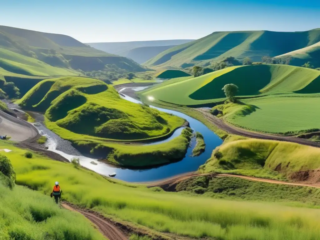 Vista panorámica de paisaje verde con mineros practicando minería sostenible en era climática