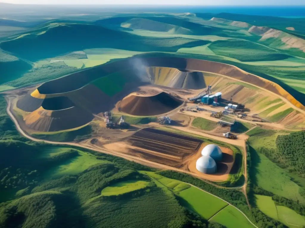 A vista aérea de una mina sostenible en un entorno exuberante destaca la armonía entre la naturaleza y la industria