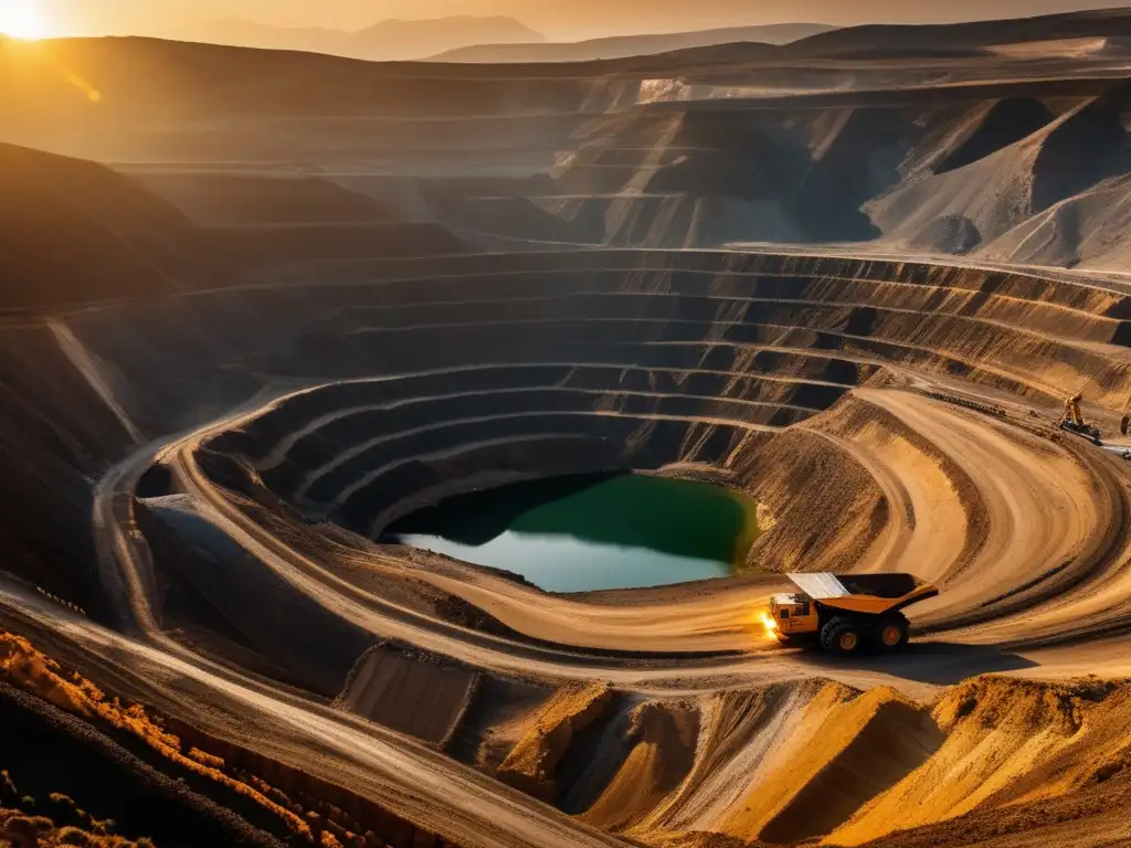 Política minera sostenible en Turquía: paisaje minero con maquinaria, montañas, luz dorada y armonía entre humanos y naturaleza