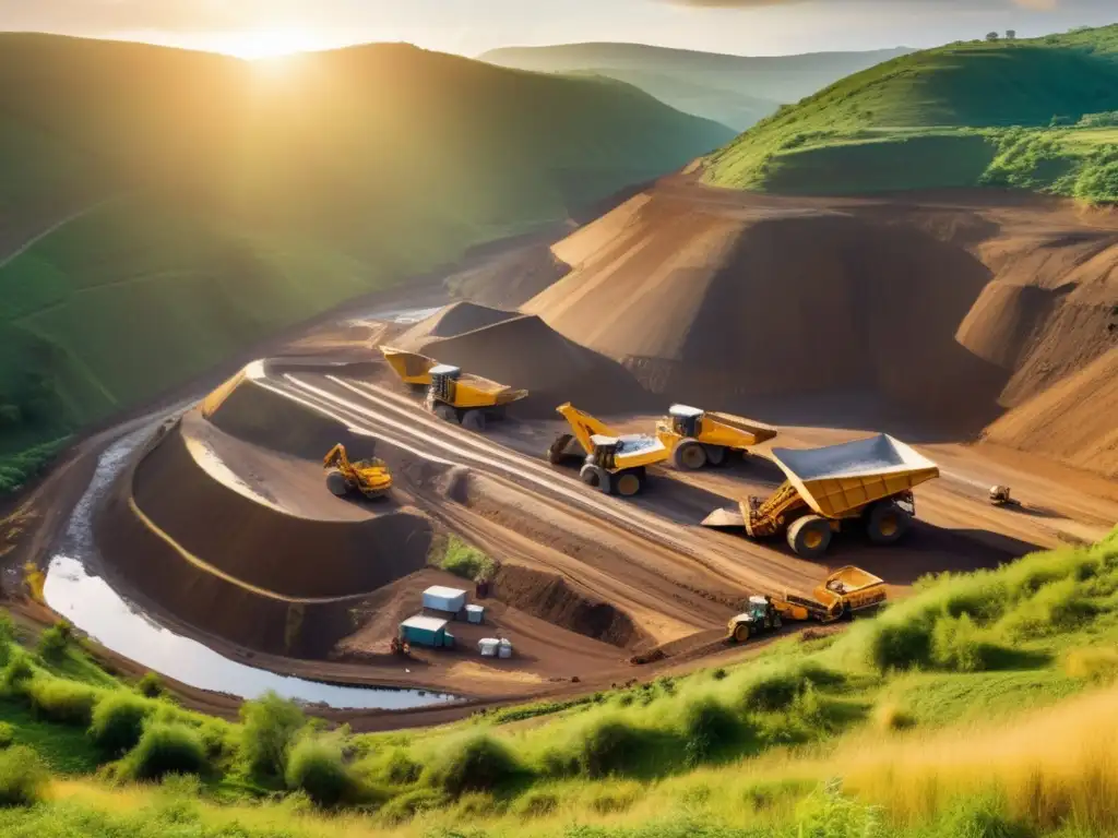 Minería sostenible: panorama minero en valle verde con operarios y maquinaria, resaltando equilibrio entre actividad humana y medio ambiente