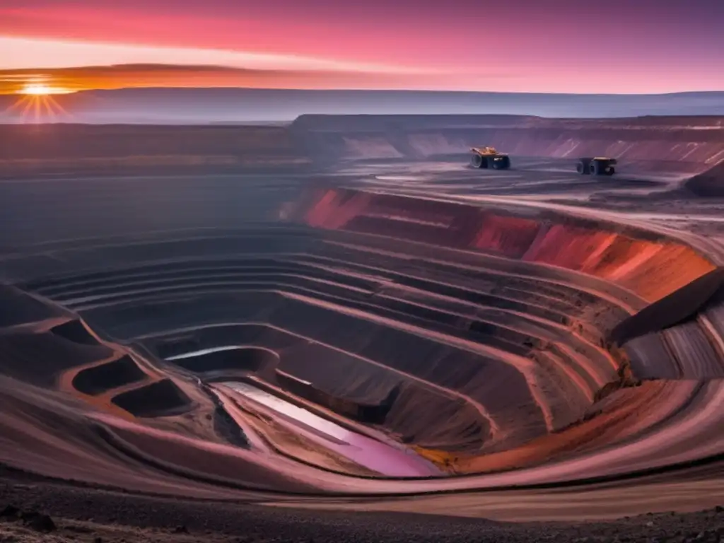 Minimizar impacto minería clima: Mina abierta con maquinaria pesada, trabajadores y mapa