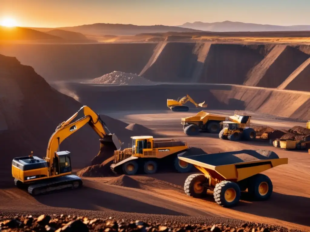 Importancia minerales energía renovable en una gran mina a cielo abierto con montañas de rocas y maquinaria pesada