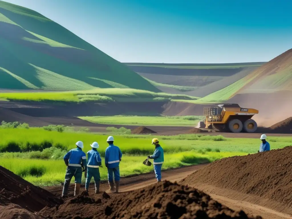 Transición a minería sostenible: trabajadores en paisaje verde y azul, extracción responsable y tecnología avanzada