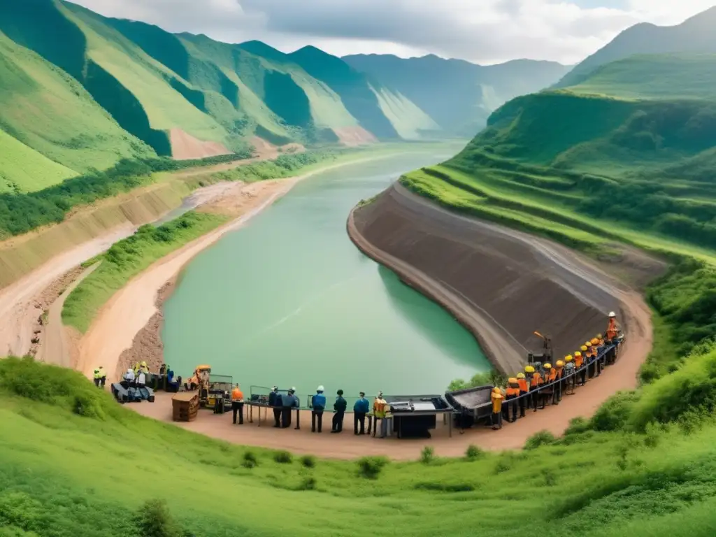 Tendencias evaluación impacto ambiental minería - Vista panorámica de un sitio minero rodeado de montañas verdes, con un río fluyendo