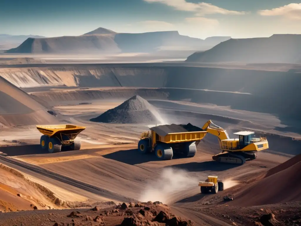 Impacto de las revoluciones mineras: paisaje minero con montañas, minas a cielo abierto, maquinaria pesada, trabajadores y plantas de procesamiento