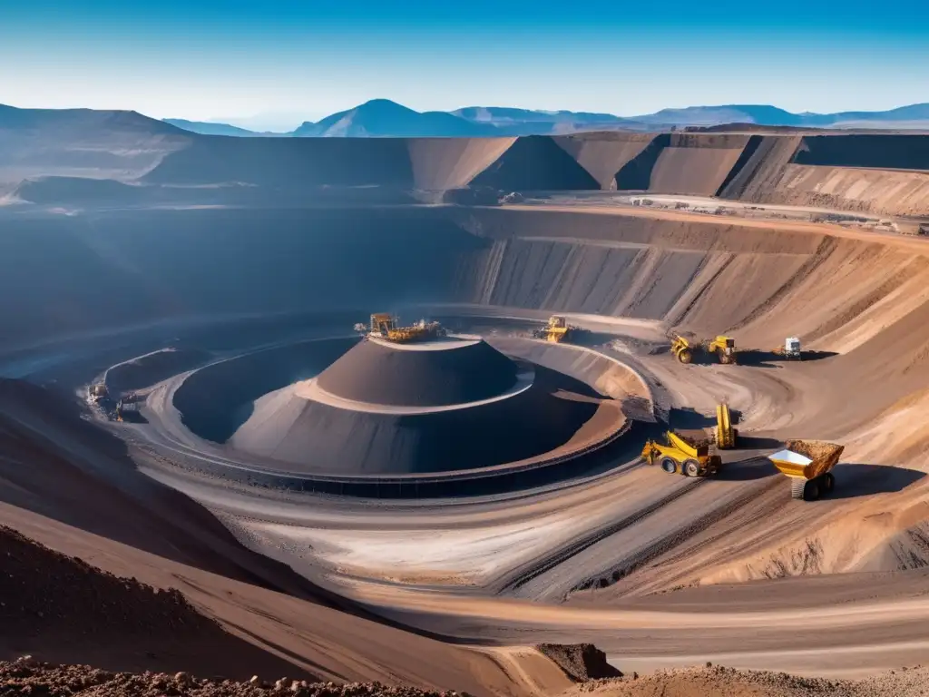 Gestión responsable de recursos minerales en mina de gran escala, actividad intensa, máquinas enormes, energía limpia, avances sostenibles