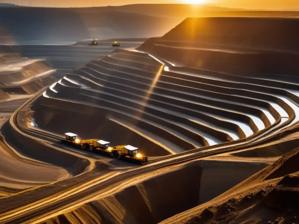 Gestión financiera sostenible en minería: mineros, ingenieros y paisaje minero con cintas transportadoras al atardecer