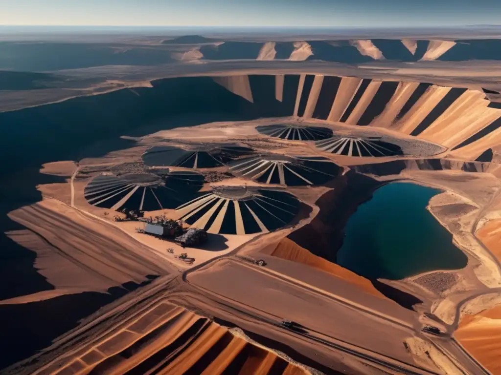 Tecnología sostenible para exploración minera: Vista aérea detallada de paisaje minero con drones avanzados mapeando y monitoreando con precisión