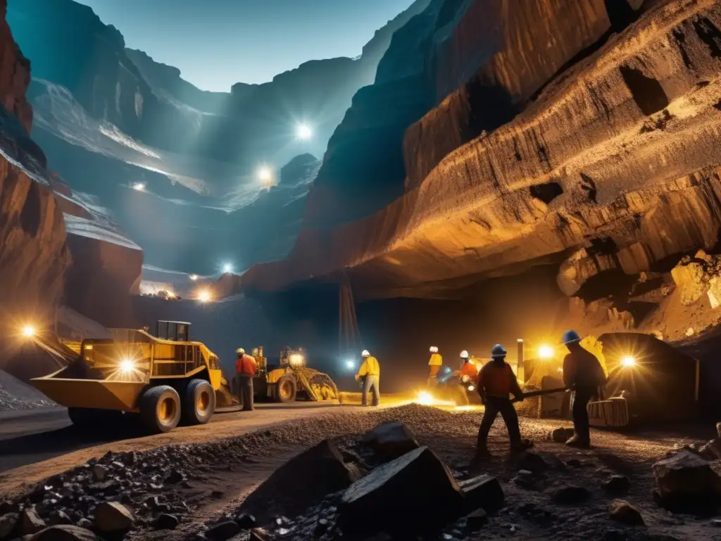 Técnicas sostenibles de minería de datos en una mina subterránea con trabajadores, maquinaria avanzada y minerales