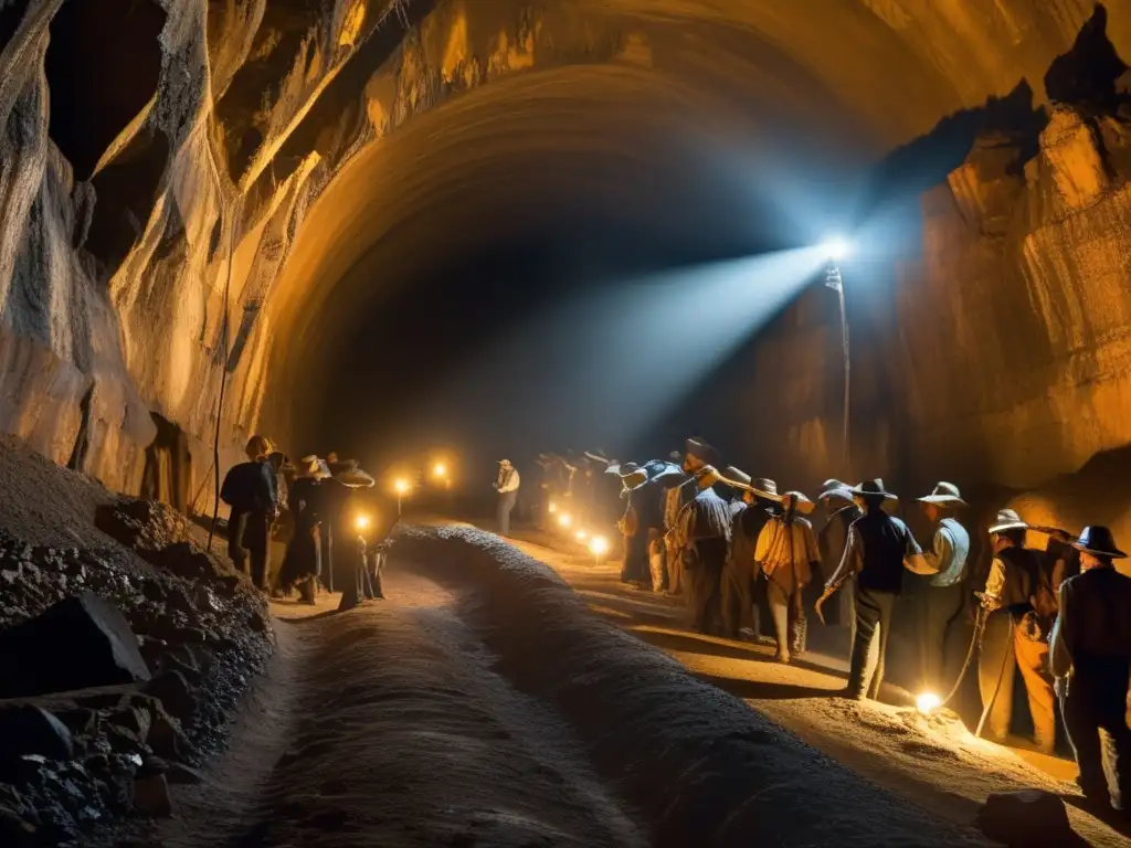 Minería sostenible en el desarrollo industrial: Escena realista de mineros trabajando en túnel subterráneo del siglo XIX