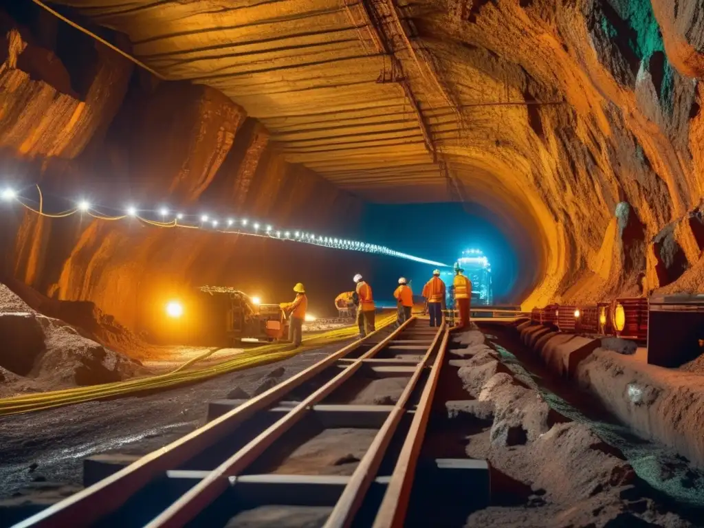 Inversiones sostenibles en minería: detallada imagen de una mina subterránea con túneles, maquinaria y minerales vibrantes