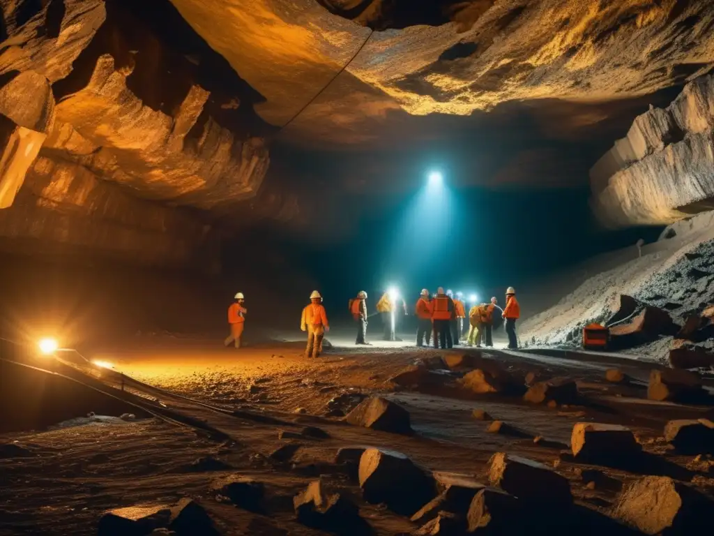 Importancia del mapeo geológico en minería subterránea: escena detallada de mina iluminada, geólogos examinando paredes y detectando riesgos