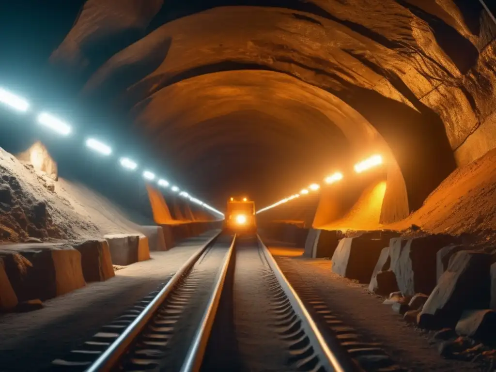 Impacto salud ósea en minería: túnel oscuro, mineros trabajando con maquinaria pesada, condiciones peligrosas