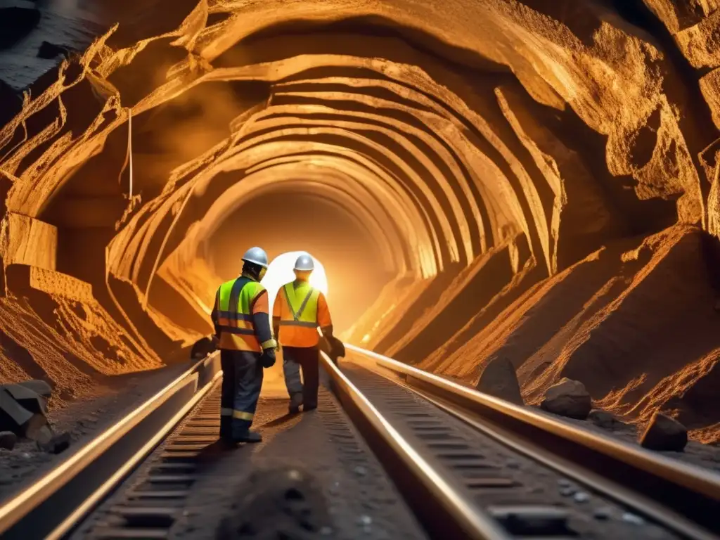 Técnicas sostenibles para evitar daño en minería: Imagen detallada de una operación minera subterránea moderna, iluminada por potentes luces mineras