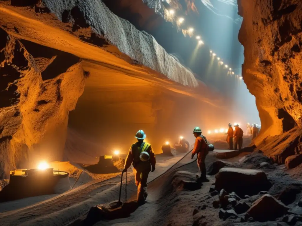 Minería sostenible en América: imagen detallada de operación minera subterránea con túneles, mineros trabajando y armonía con la naturaleza