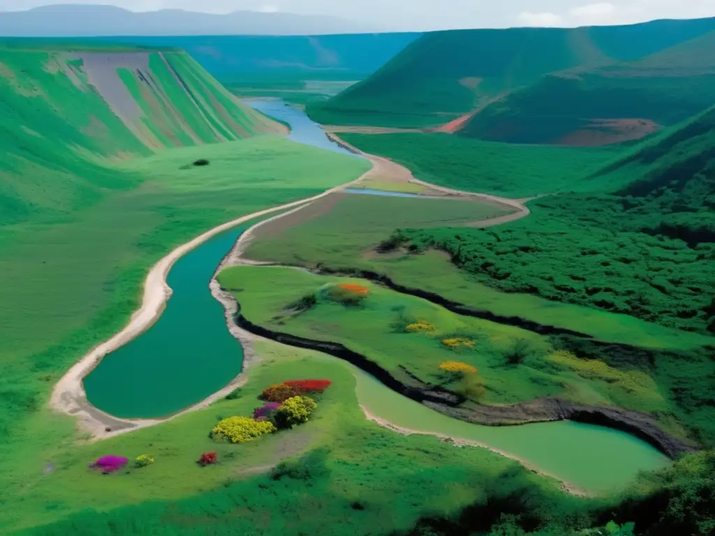 Paisaje minero rehabilitado con vegetación exuberante y río cristalino