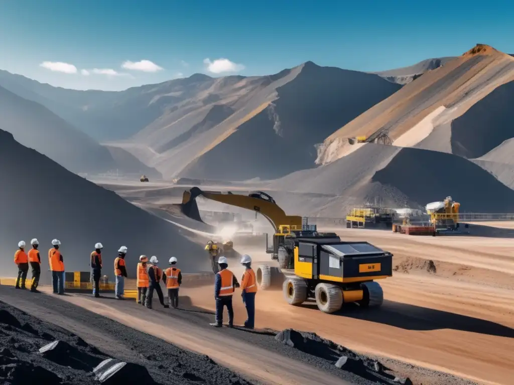 Avances tecnológicos en seguridad minera: mina moderna con equipo de protección de alta tecnología y robots para tareas mineras