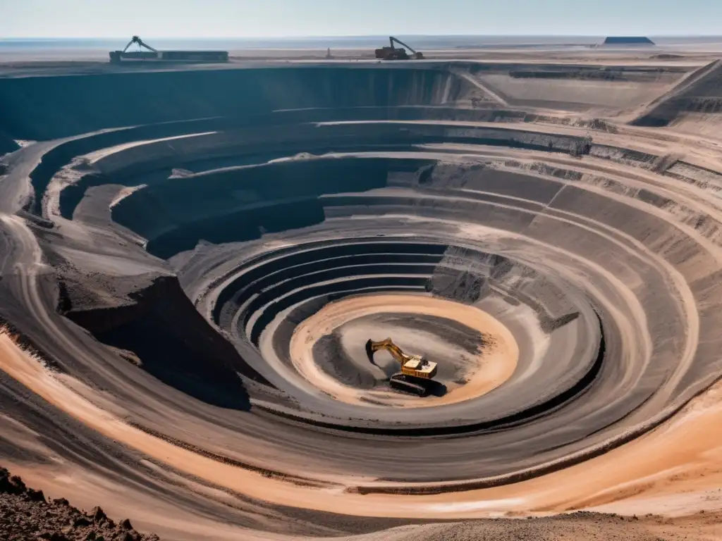 Desafíos de la minería sostenible y cambio climático: mina abierta rodeada de paisaje árido, maquinaria colosal, trabajadores y clima severo