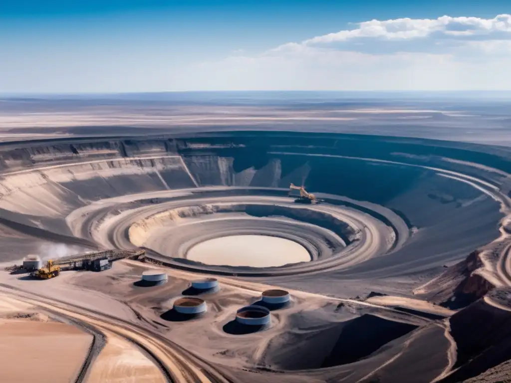 Impacto ambiental de la minería sostenible: vasta mina rodeada de paisaje árido y desolado, maquinaria gigante, humo y contaminación