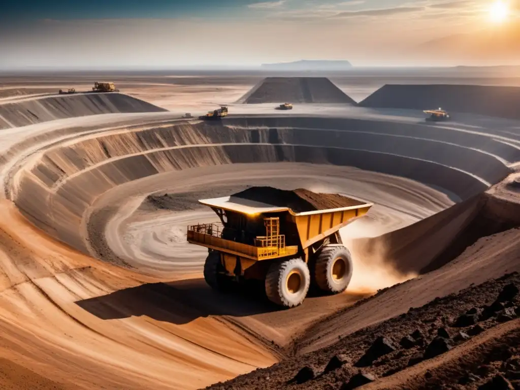 Impacto del cambio climático en la minería: mina rodeada de paisaje árido, maquinaria pesada y actividad frenética, con nubes oscuras y suelo agrietado