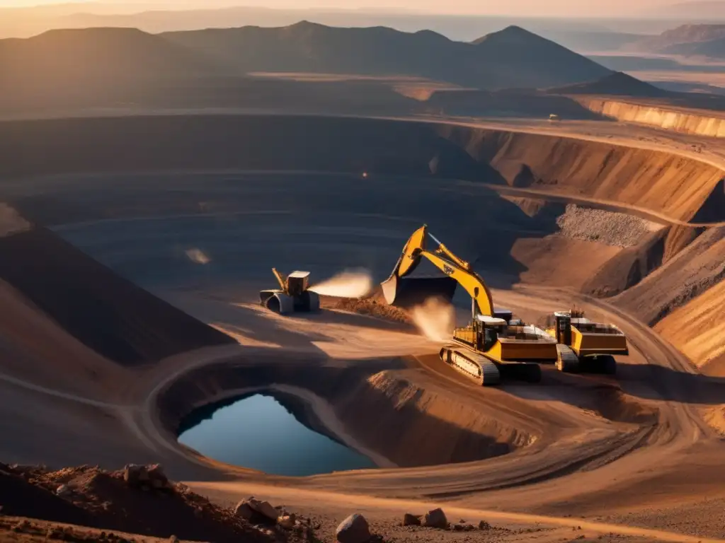 Impacto de la minería en enfermedades neurológicas: mina rodeada de montañas, maquinaria gigante, contaminación y belleza natural