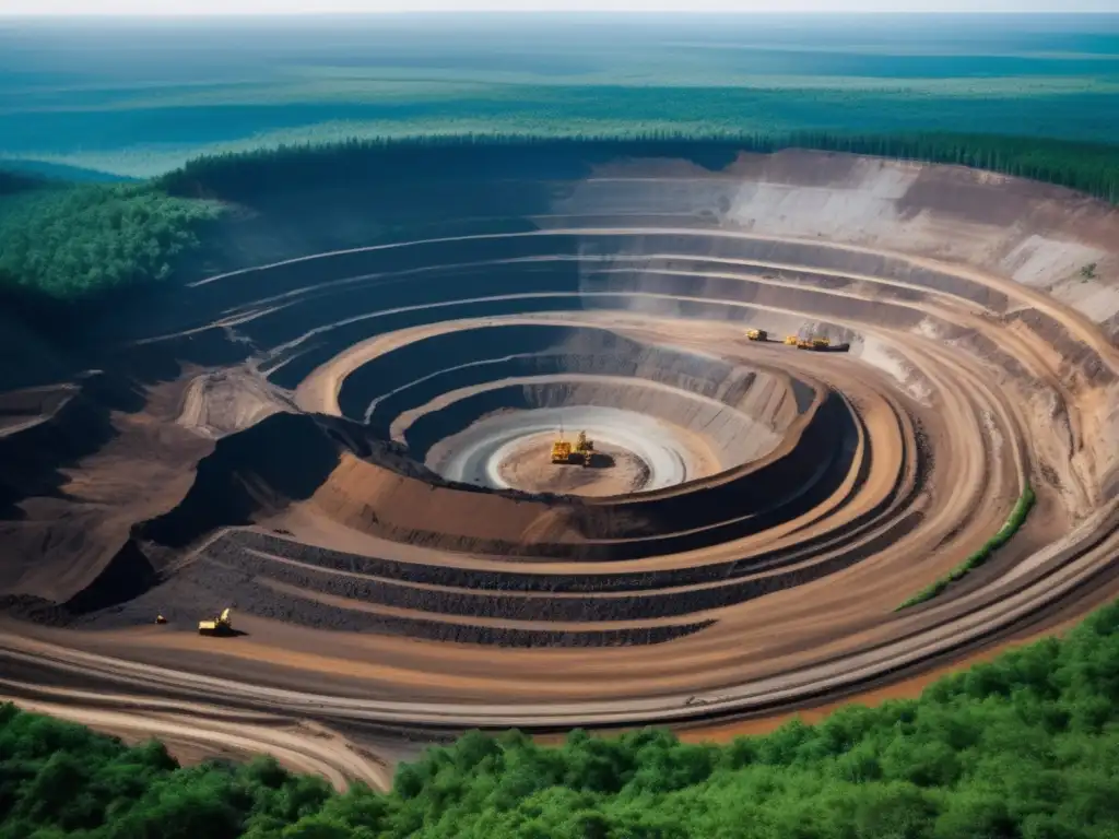 La impactante imagen muestra una mina a cielo abierto rodeada de un denso bosque, simbolizando el impacto de la minería en las comunidades locales